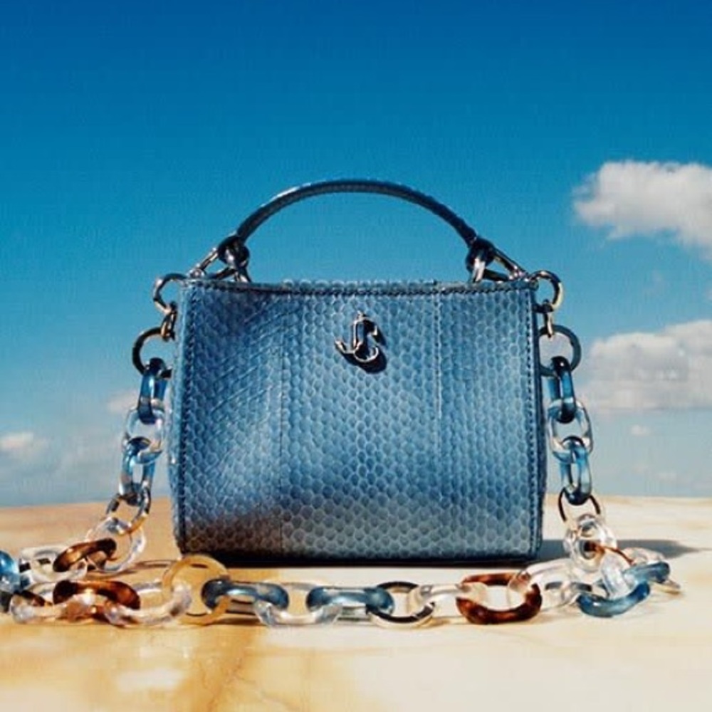JIMMY CHOO Varenne Top Handle Blue Glossy Elaphe Mini Handbag Plexi Chain - Picture 5 of 14